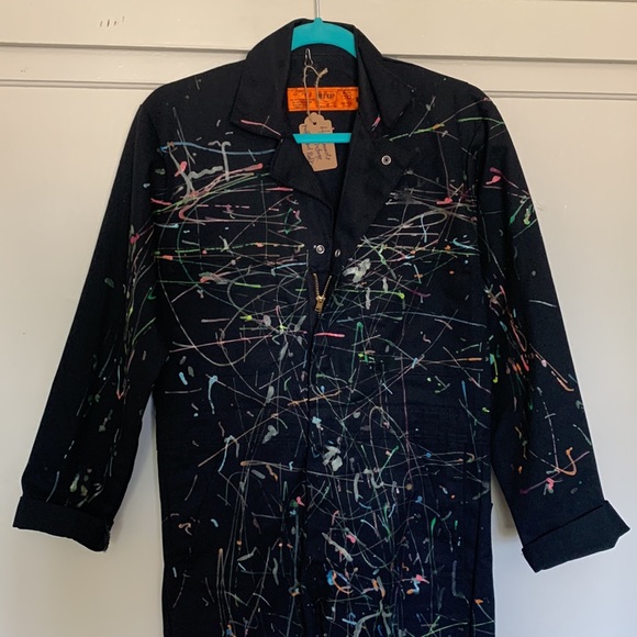 Vintage 90s Red Kap black utility coveralls, puffy paint splatter design - Picture 3 of 15